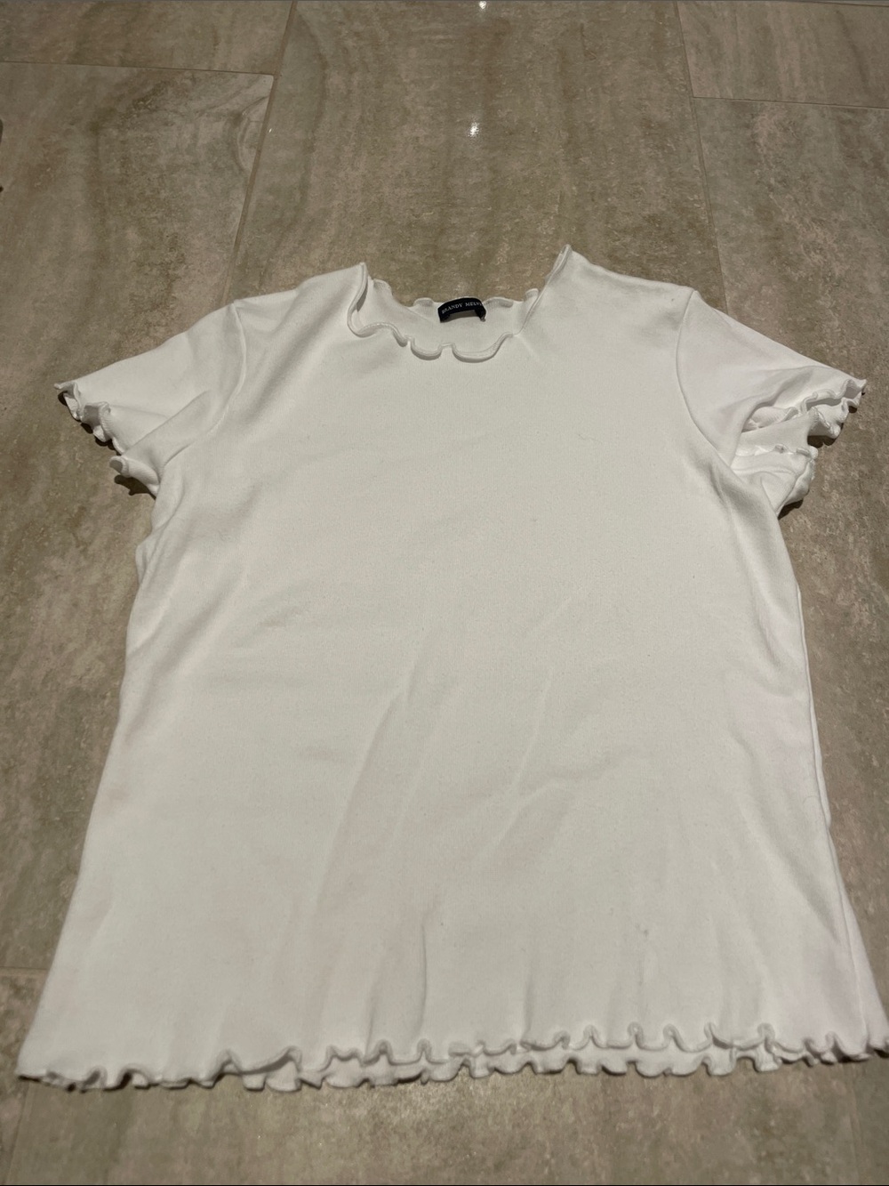 Brandy Melville White Lettuce Edge Ribbed Short Sleeve Baby Tee, One Size
